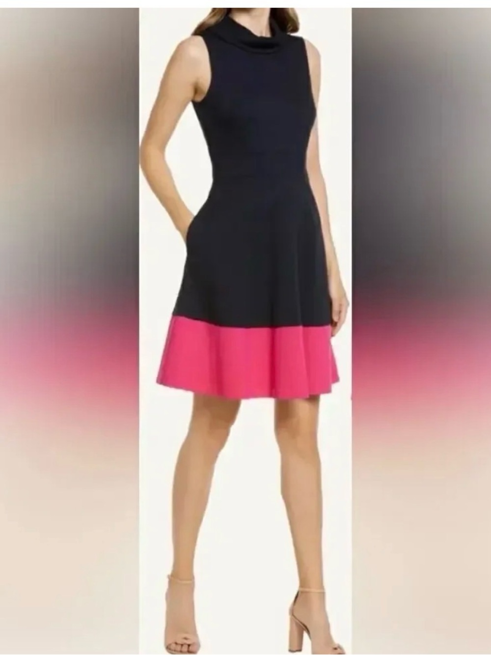 Eliza J Black Sleeveless A-Line Dress with Pink Hem